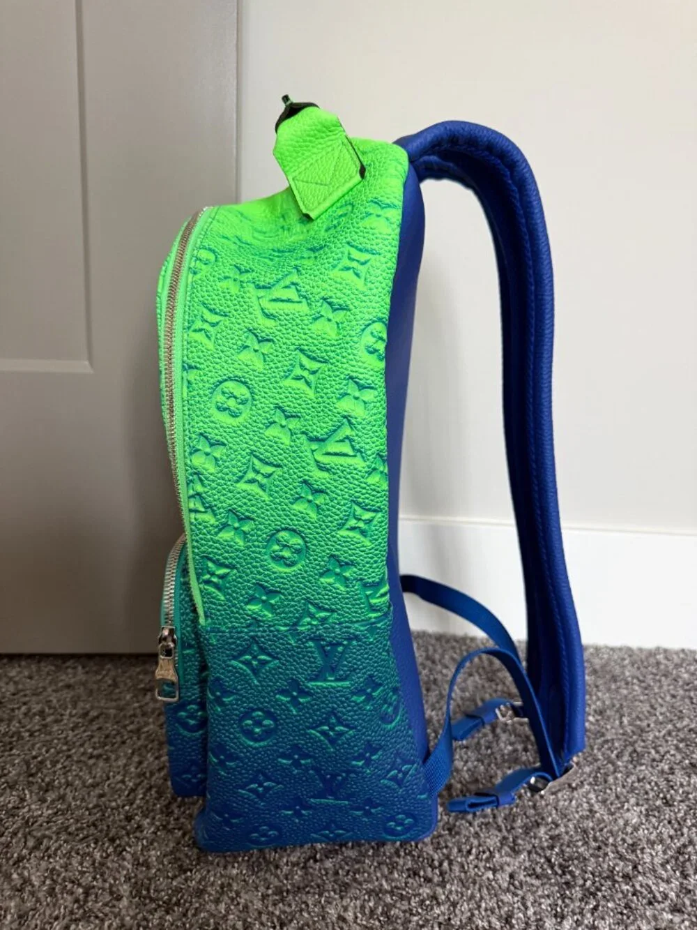 Virgil Abloh Blue and Neon Green Gradient  Taurillon Multipocket Backpack